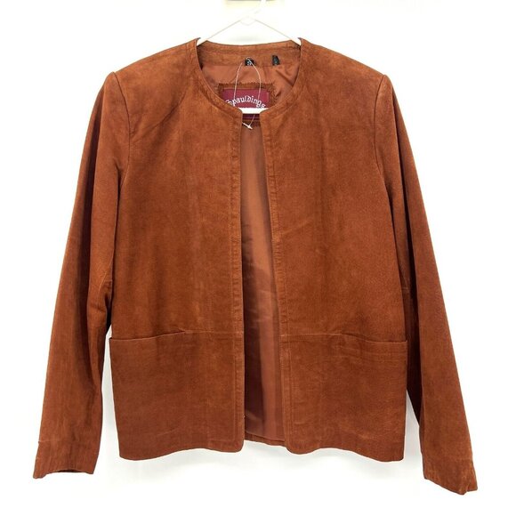 Vintage Spauldings 100% Leather Brown Open Front Lightweight Jacket Women Small - Picture 1 of 5